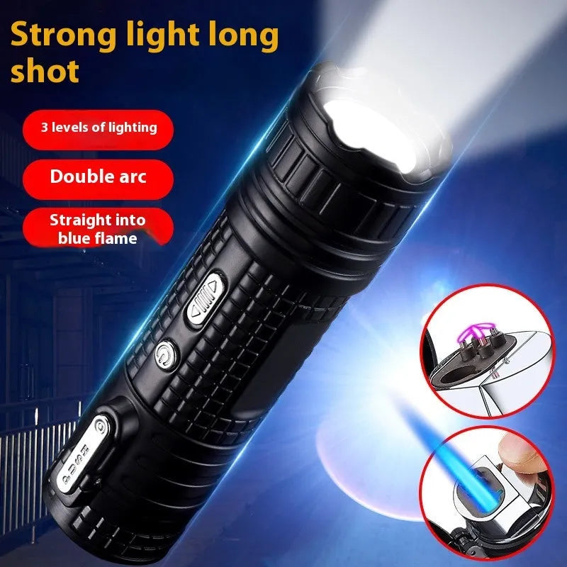TH727 multifunction metal flashlight lighter in camouflage colour showing LED light, plasma arc, and knife.