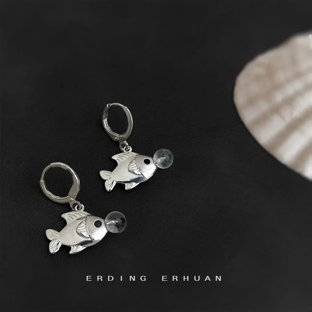 Women's copper bubble fish earrings with electroplated goldfish design details
