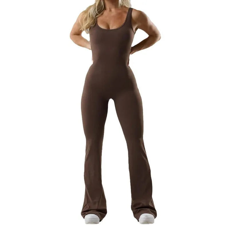 Black tight seamless yoga bodysuit on a mannequin, showing mid waist and trousers length.