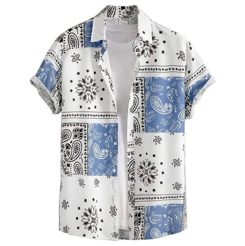 Man wearing a slim fit, short sleeve Hawaiian shirt with a vibrant digital print pattern.