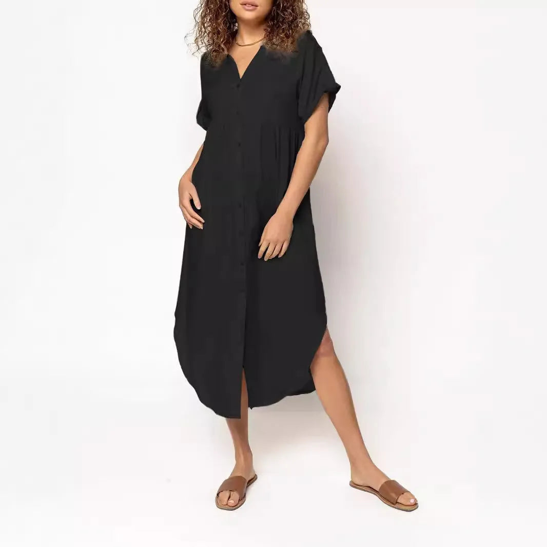 Women's loose mid-length casual dress with button front in solid colour options