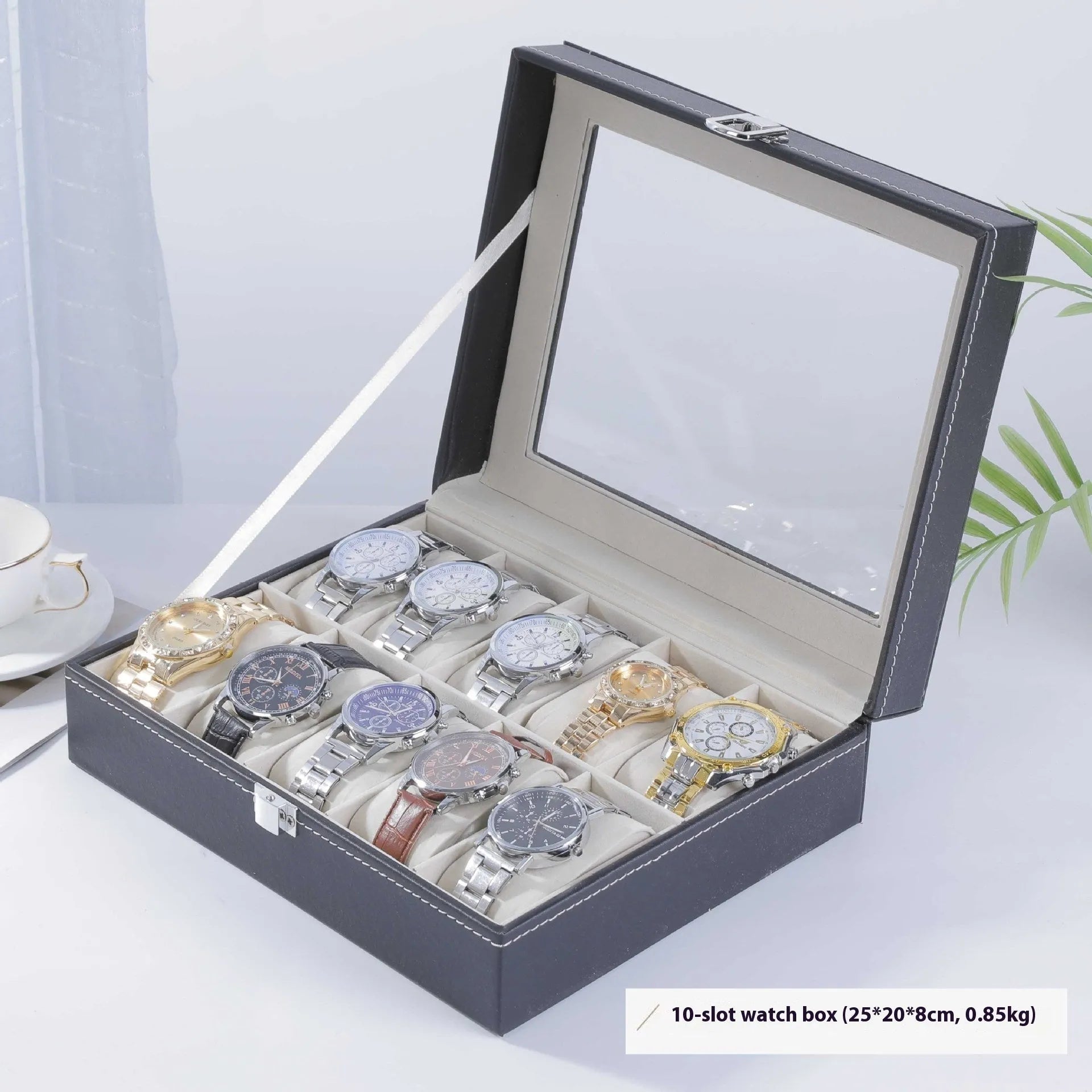 Grey high-grade leather watch storage box with transparent dustproof lid showing internal watch slots