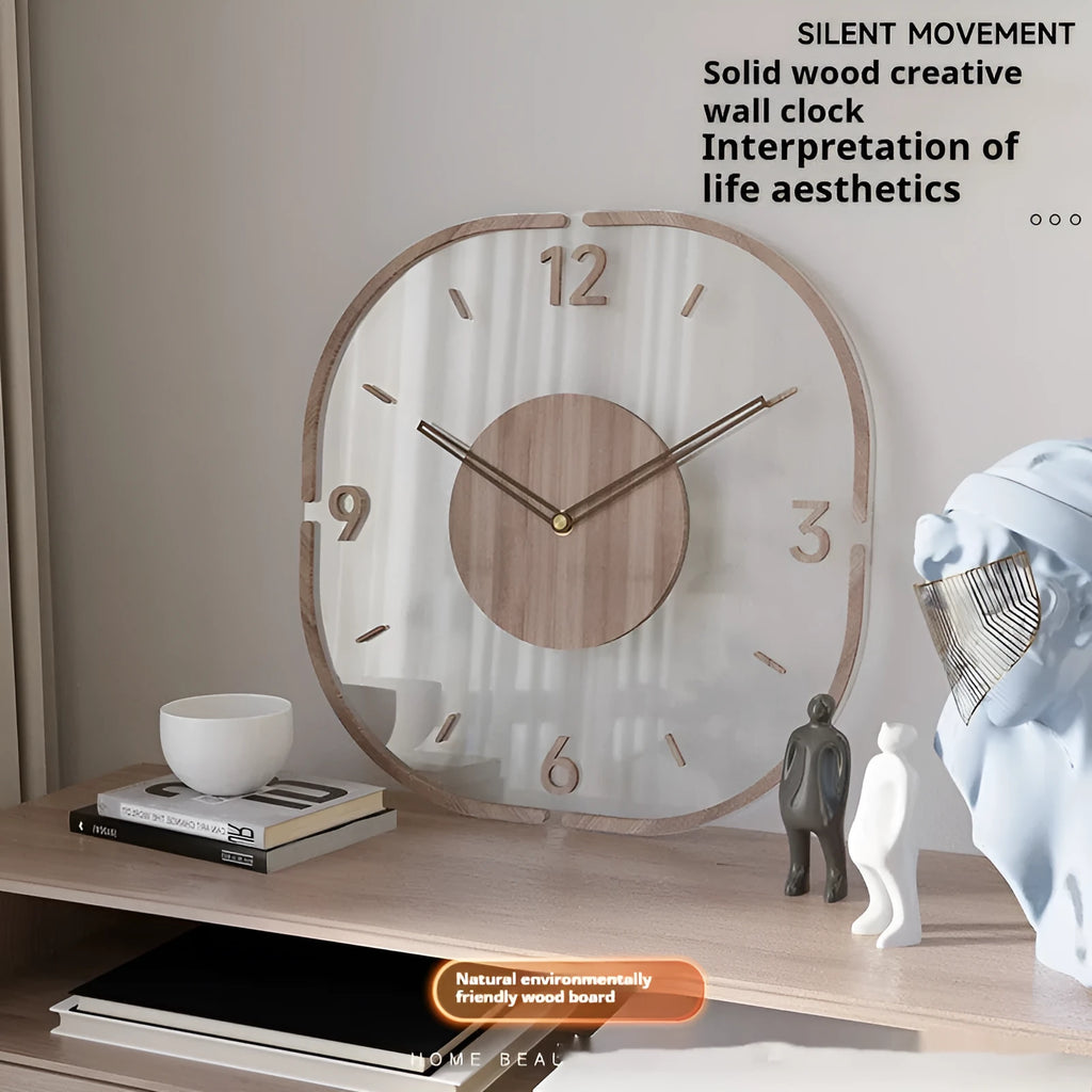 Modern transparent wooden wall clock with square 35cm dimensions showing clear dial and wooden frame