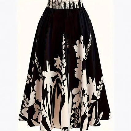 Chinese style mid-length pleated skirt with 3D digital printed plant flower design and splicing detail in DD25052
