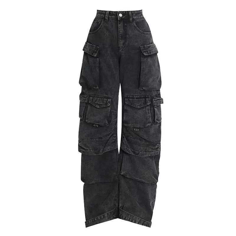 Women's blue high waist wide leg jeans with multiple pockets on a neutral background.