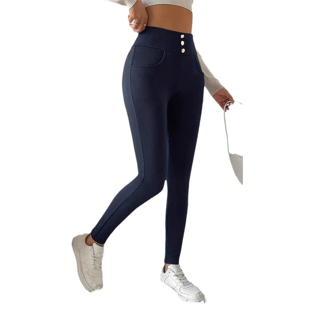 Navy blue women's high-waist trousers with straight leg cut on hanger