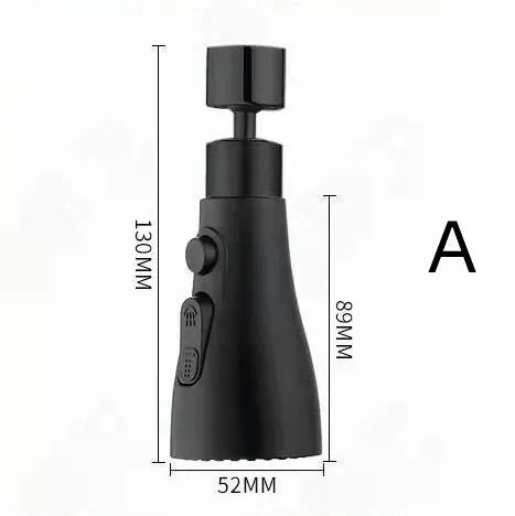 Universal pressurised kitchen faucet sprayer with rotating nozzle in silver finish showing three spray modes
