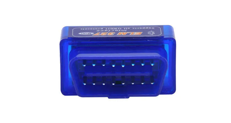 Small blue OBD2 Bluetooth diagnostic scanner with ELM327 chip for reading car engine fault codes
