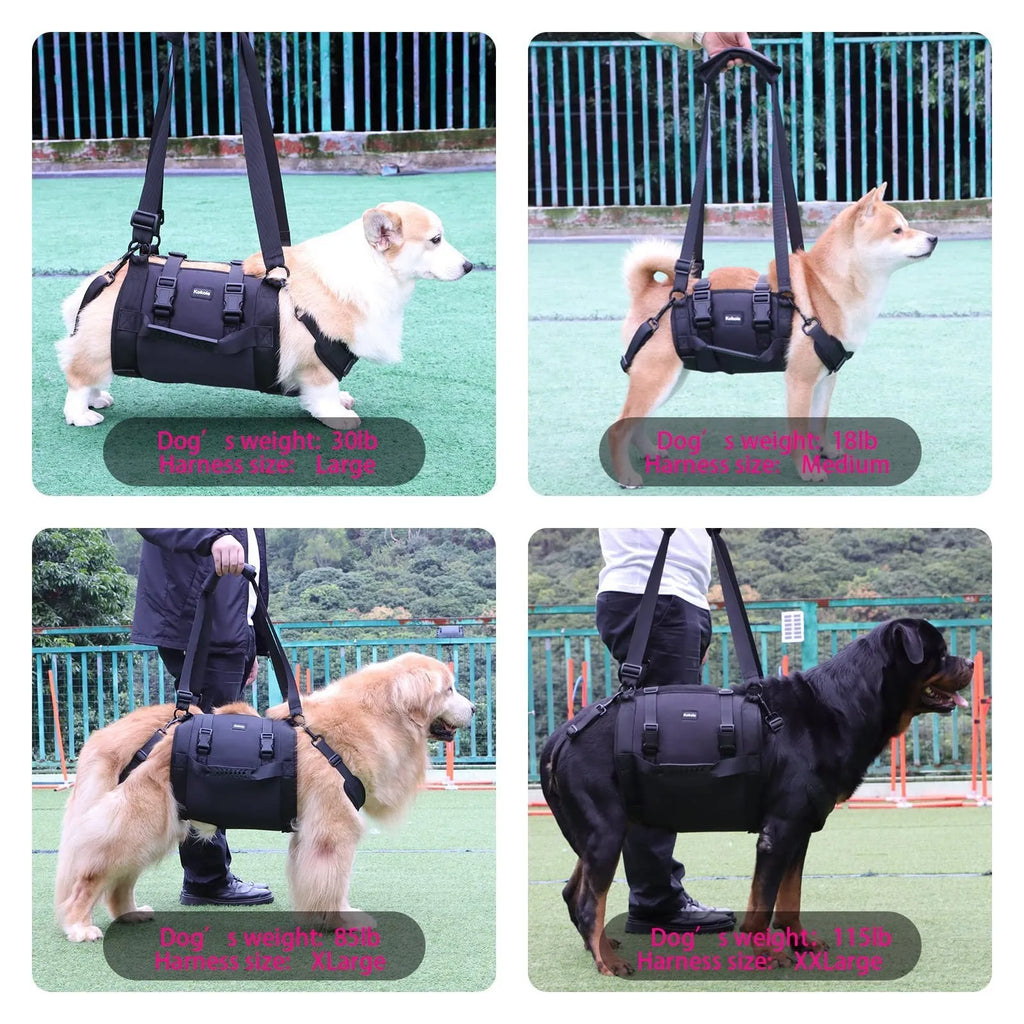 Black Oxford cloth dog harness with leg support and adjustable breast strap