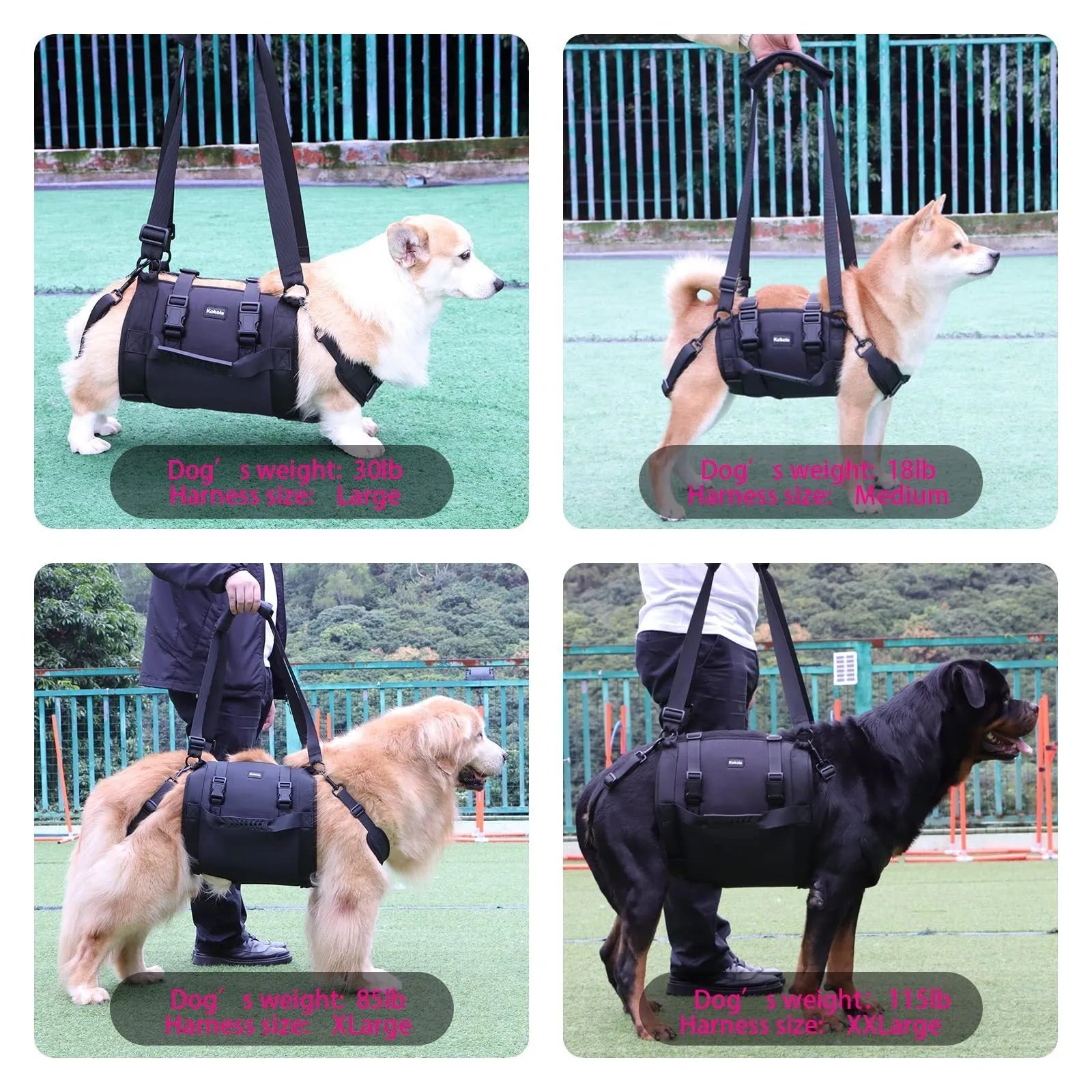 Black Oxford cloth dog harness with leg support and adjustable breast strap