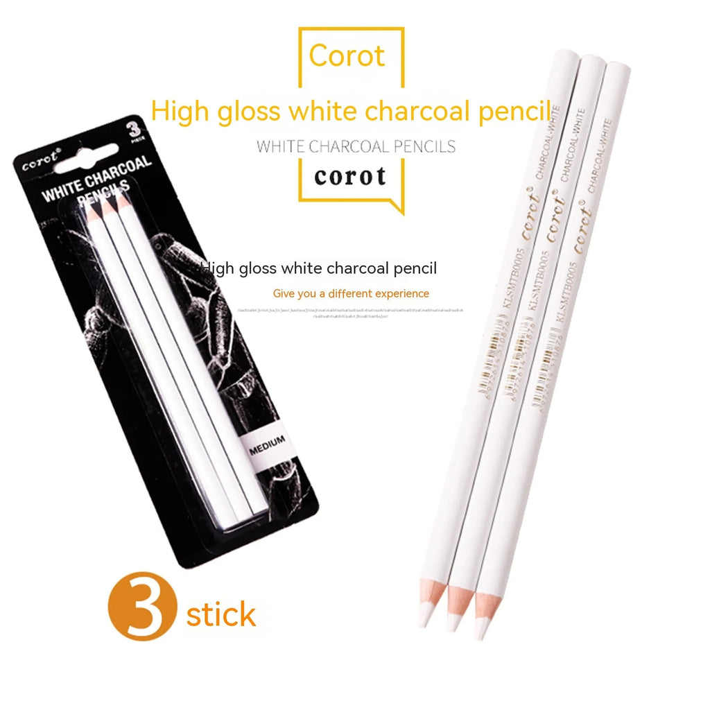 Set of three white charcoal sketching pencils with wooden barrels for highlighting on dark paper