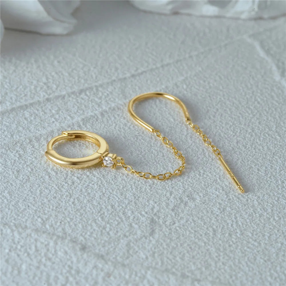 S925 sterling silver geometric flower tassel chain clip stud earrings with a gold electroplated finish.