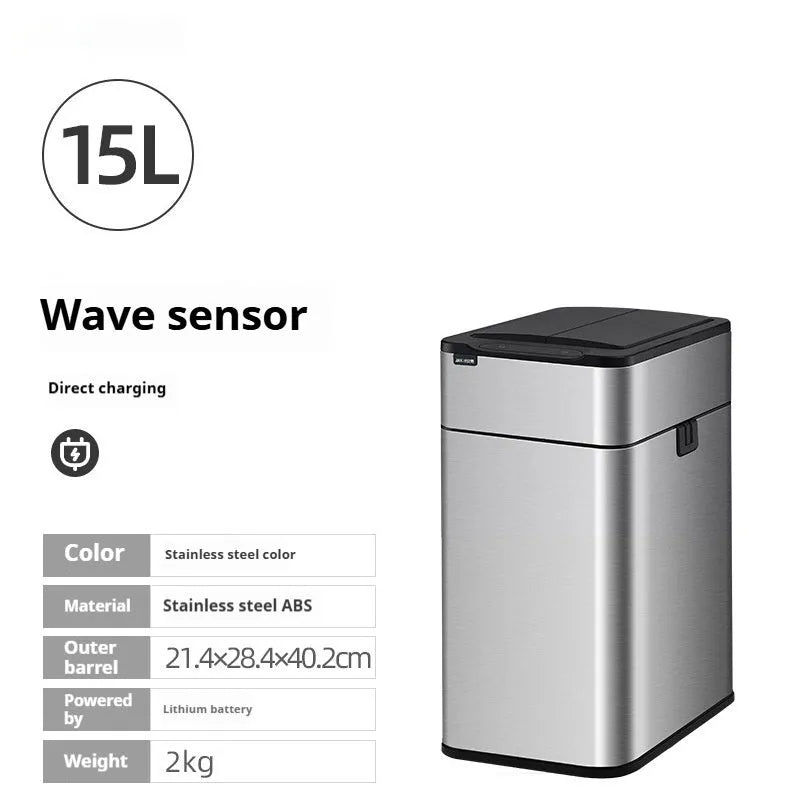 Square stainless steel inductive smart trash can with sensor lid.