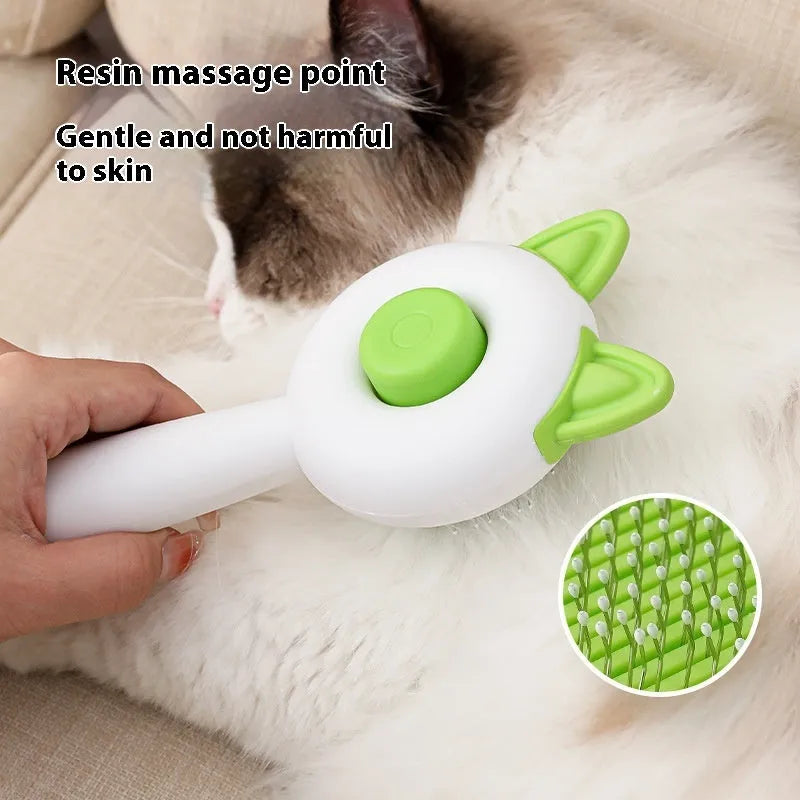Self-cleaning cat grooming brush with stainless steel teeth in greenish white or orange white colour