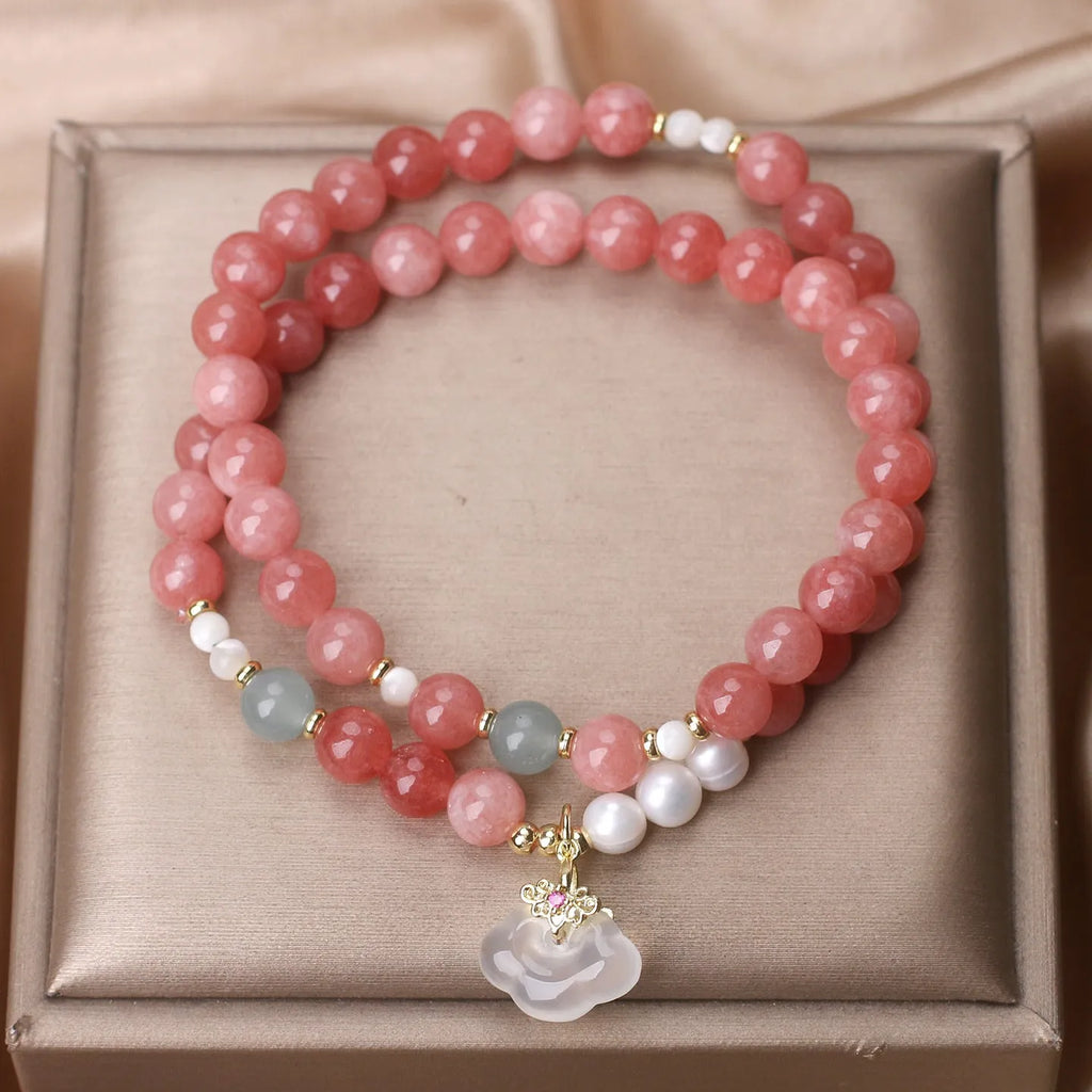 Pink agate crystal bracelet for women with double ring design, handmade Chinese style