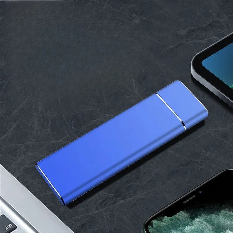 Sapphire blue portable solid state external hard disk with metal shell showing USB connection port