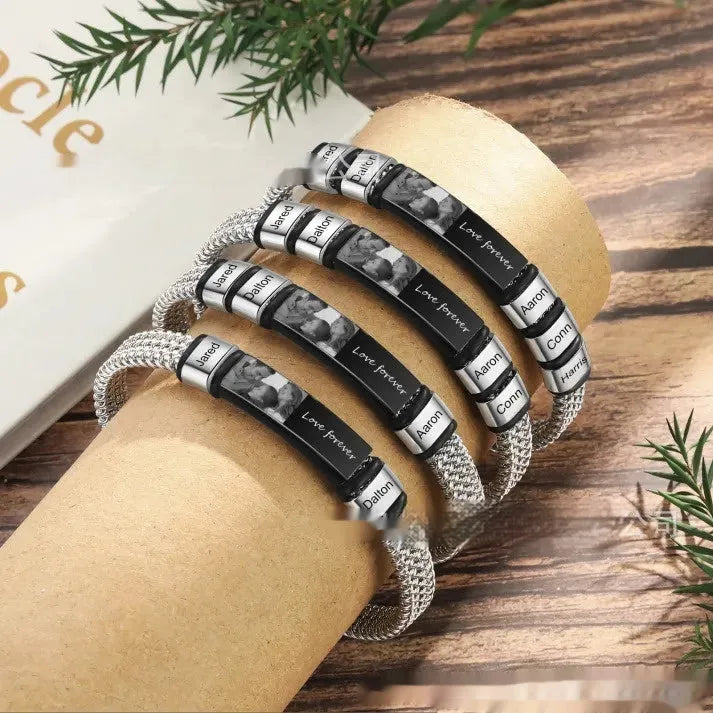 Personalised stainless steel lettering bracelet with heart-shaped beads on leather rope band