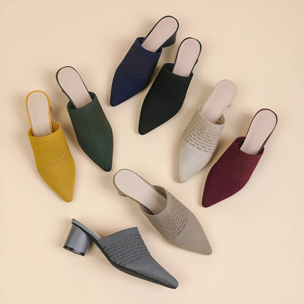 Women's pointed toe sandals with a fabric upper and 5cm chunky heel in fishing line colours.