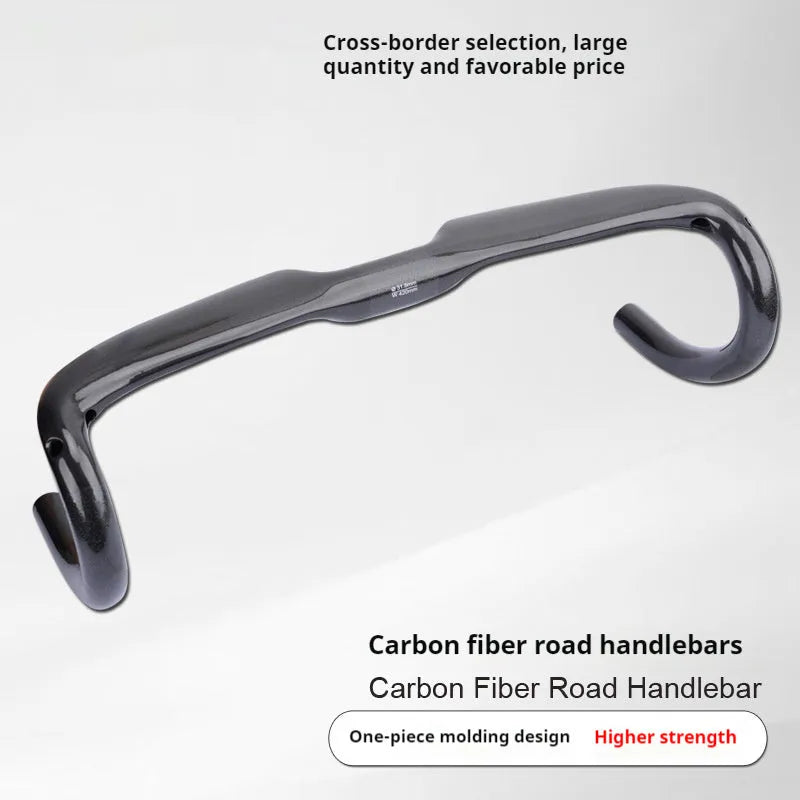 Ultra-light carbon fibre road bicycle drop handlebar in black grey silver, shown in 400mm 420mm and 440mm sizes.
