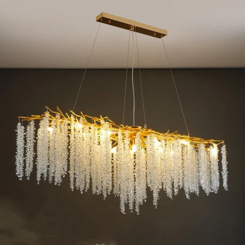 Crystal chandelier light with aluminium alloy body and LED illumination in multiple size configurations
