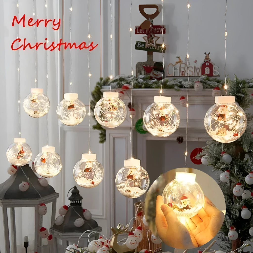 10-piece LED Christmas curtain light string with snowman, elder, and Christmas tree wishing ball designs.