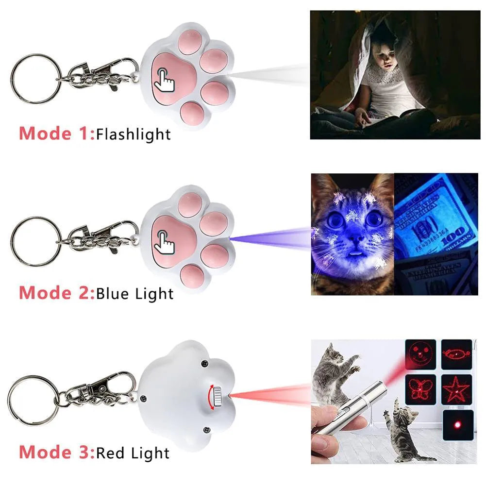USB rechargeable infrared cat teaser toy with keychain measuring 5x2.5cm in black or pink plastic