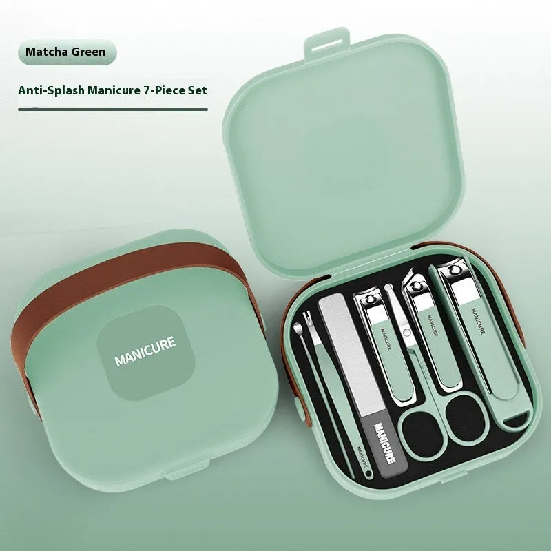 Anti-splash portable fingernail maintenance kit with brown, white, and green champagne pliers and manicure tools