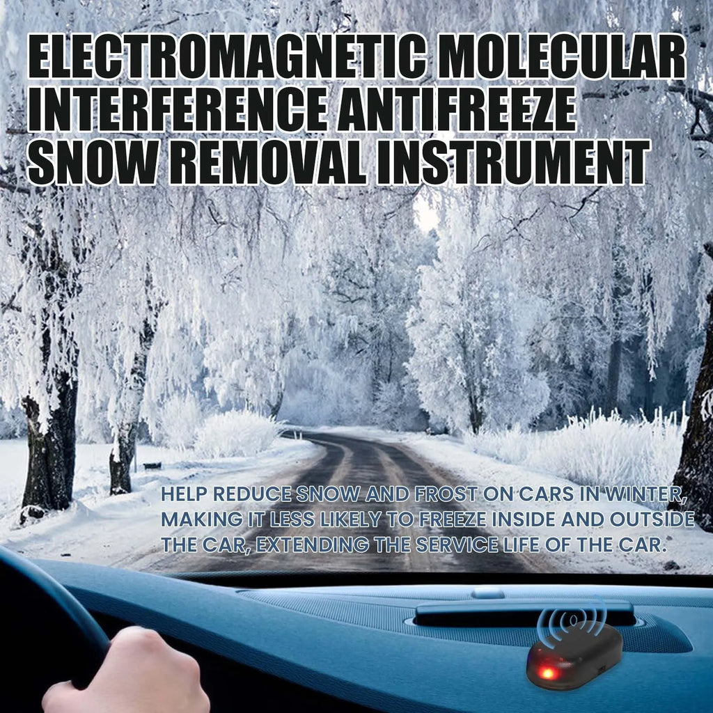 Black handheld car deicer and snow melting tool on car dashboard