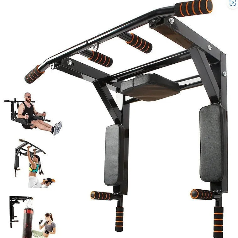 Black wall-mounted metal sandbag rack with integrated pull-up bars for fitness training