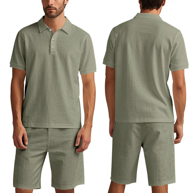 Men's loose linen-blend shorts set in light blue with short sleeve shirt and matching shorts