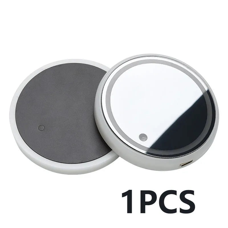Colourful LED light-up coaster for car cup holders showing seven colour options and USB charging cable