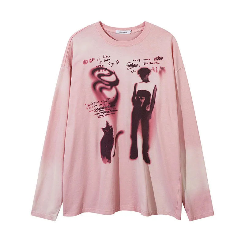 Women's long sleeve cotton pullover top with loose fit and drop-shoulder sleeves in dark grey or pink