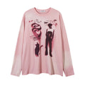 Women's long sleeve cotton pullover top with loose fit and drop-shoulder sleeves in dark grey or pink