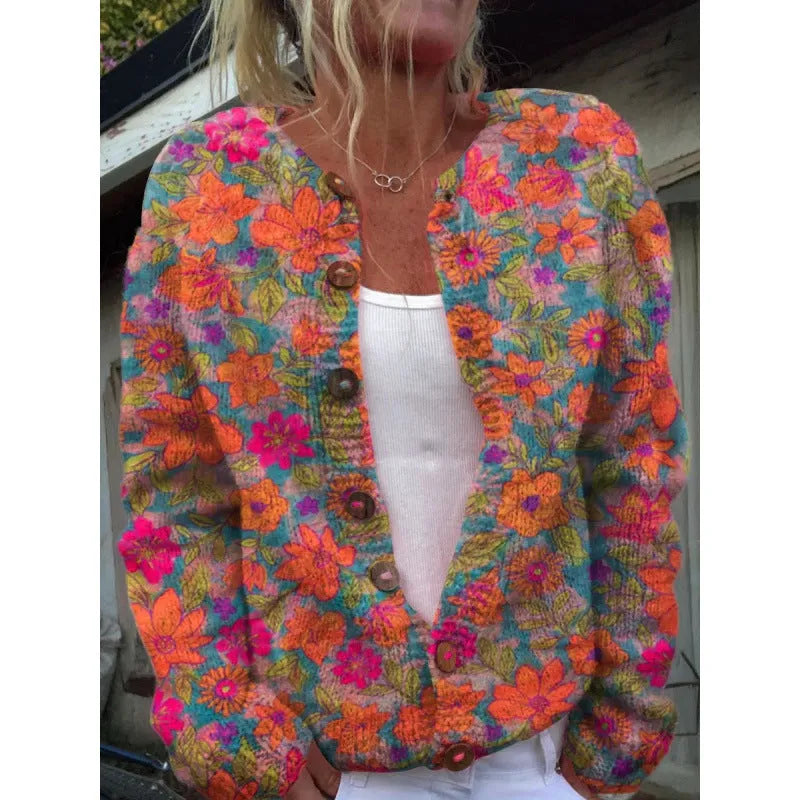 Yellow cardigan knitted coat with a 3D digital print pattern, shown open with regular sleeves.