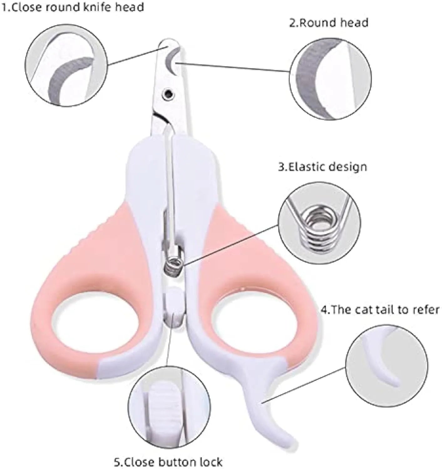 Grey and pink cat nail clippers with safety lock and angled stainless steel blade for pet grooming.