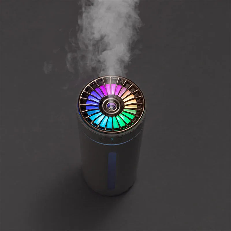Black portable humidifier with LED lights showing dimensions and USB charging port