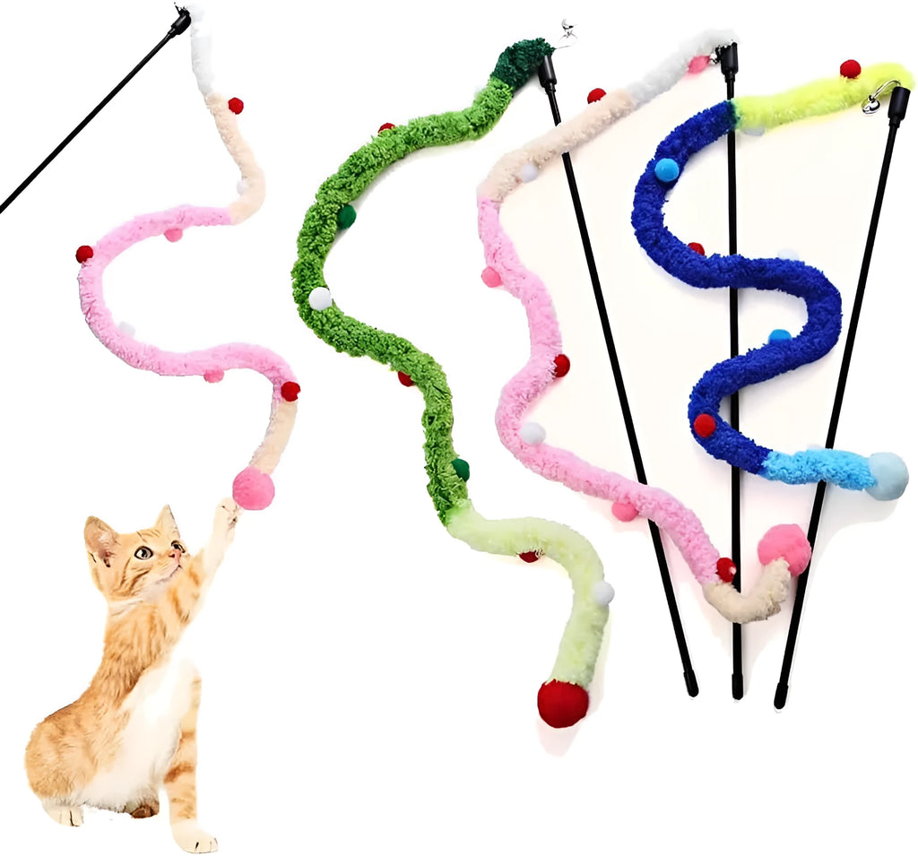 Cat wand toy with colourful plush strip, fluffy ball, and bells on a 41cm pole