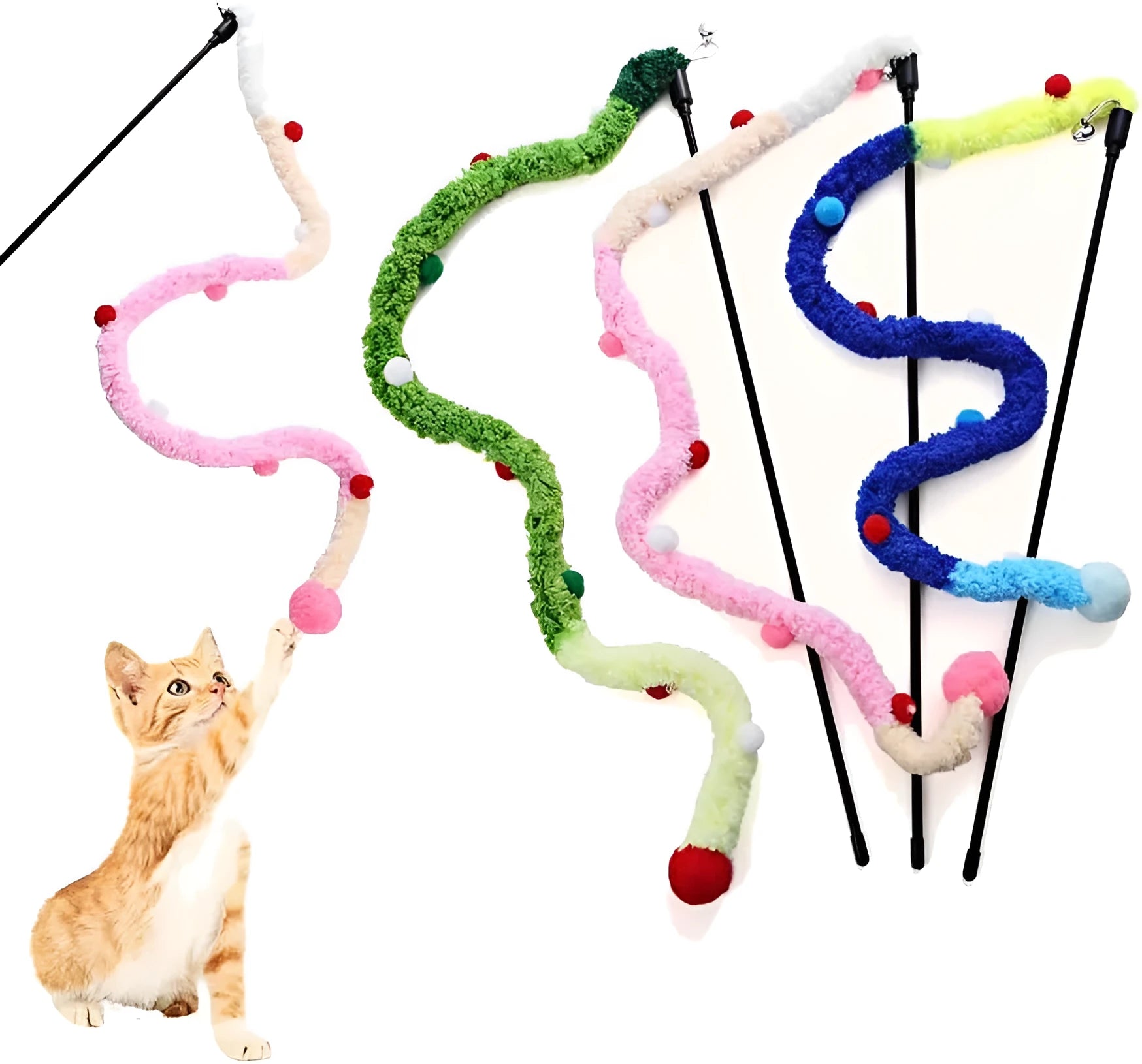 Cat wand toy with colourful plush strip, fluffy ball, and bells on a 41cm pole