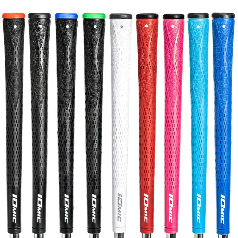 TPE material golf club replacement grip shown in multiple colour options including pink, red, blue, and two-tone designs.