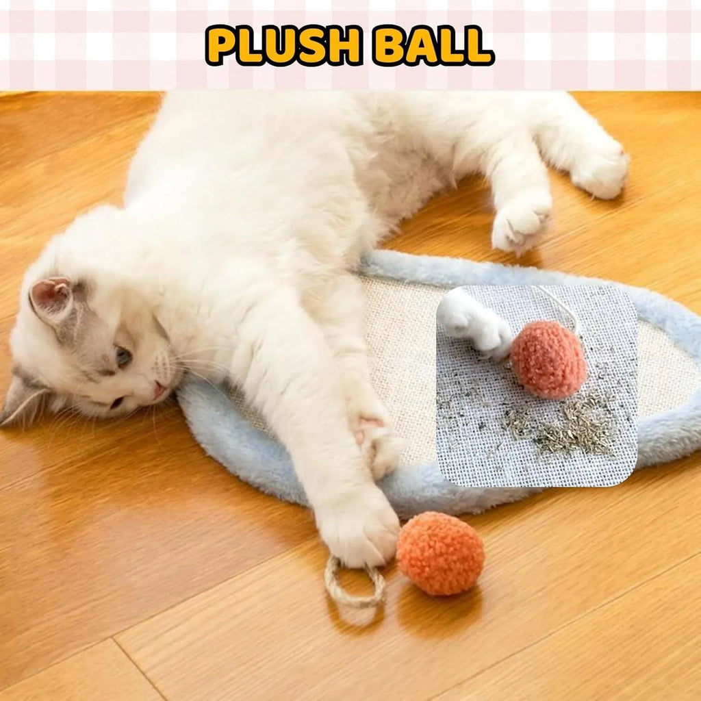 White cat scratching mat with sleeping cat cartoon design made from natural sisal