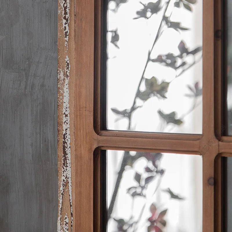 Terrace style distressed wooden frame fake window mirror in log colour with glass reflection