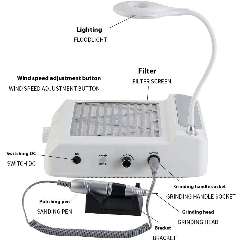 White four-in-one nail grinder machine with vacuum cleaner system for manicures