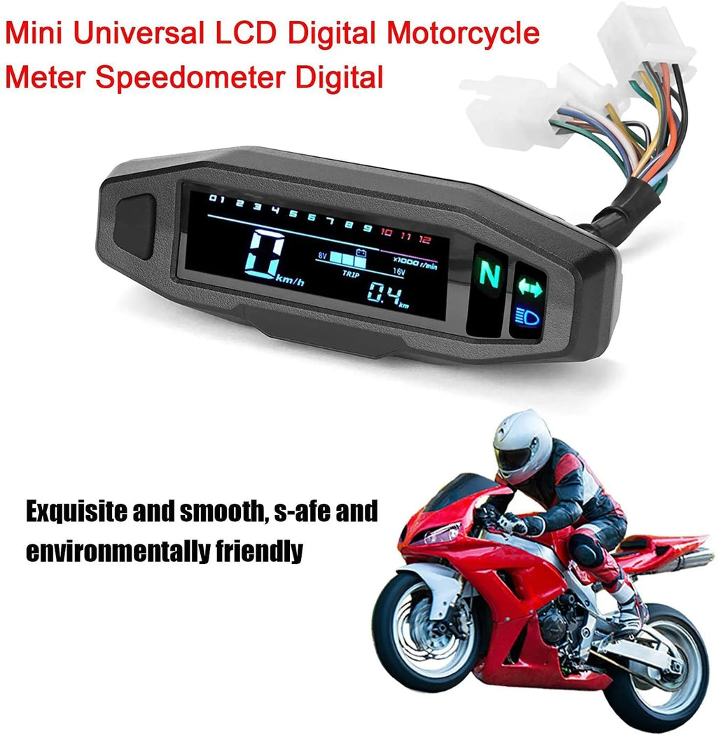 Black motorcycle mini speedometer with LCD display showing speedometer, odometer, tachometer and fuel gauge functions