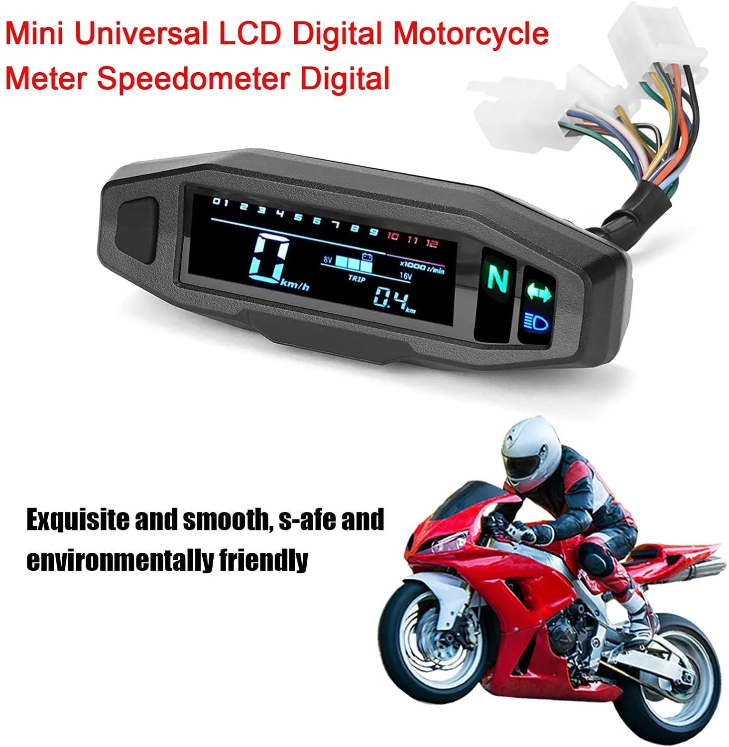 Black motorcycle mini speedometer with LCD display showing speedometer, odometer, tachometer and fuel gauge functions