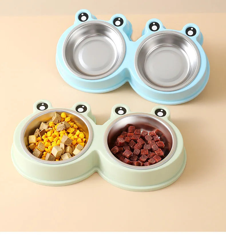 Blue stainless steel one-piece double bowl for pet food and water.