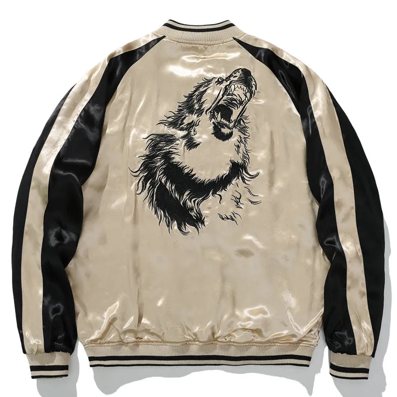 Heavy Industry lion king embroidery jacket for men in satin, champagne and faint blue, sizes M to 3XL