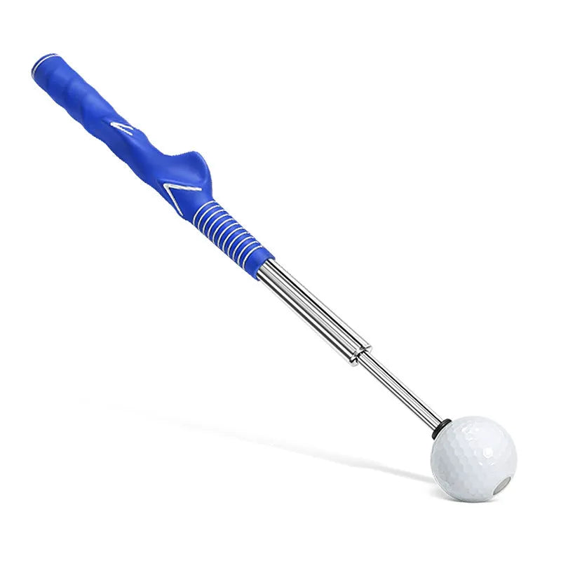 Telescopic golf swing simulator trainer in stainless steel, shown extended for use.