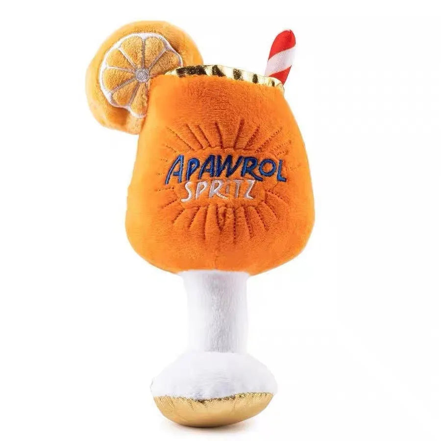 Yellow beer bottle cup shaped plush dog toy with squeaker for interactive chewing and teeth cleaning