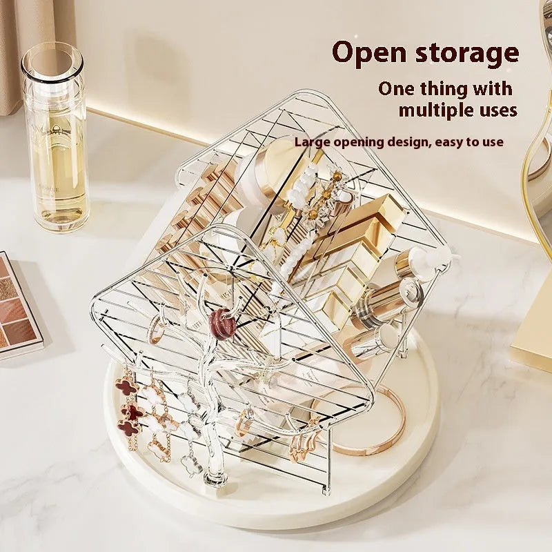 Transparent rotating cosmetics storage box with 360-degree rotation in clear or amber gold plastic