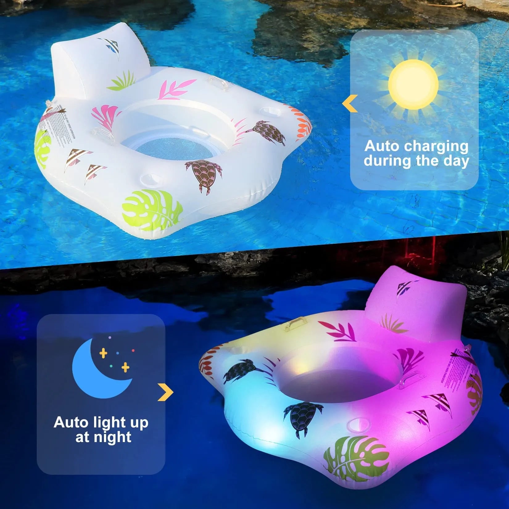 White luminous U-shaped inflatable seat float on water